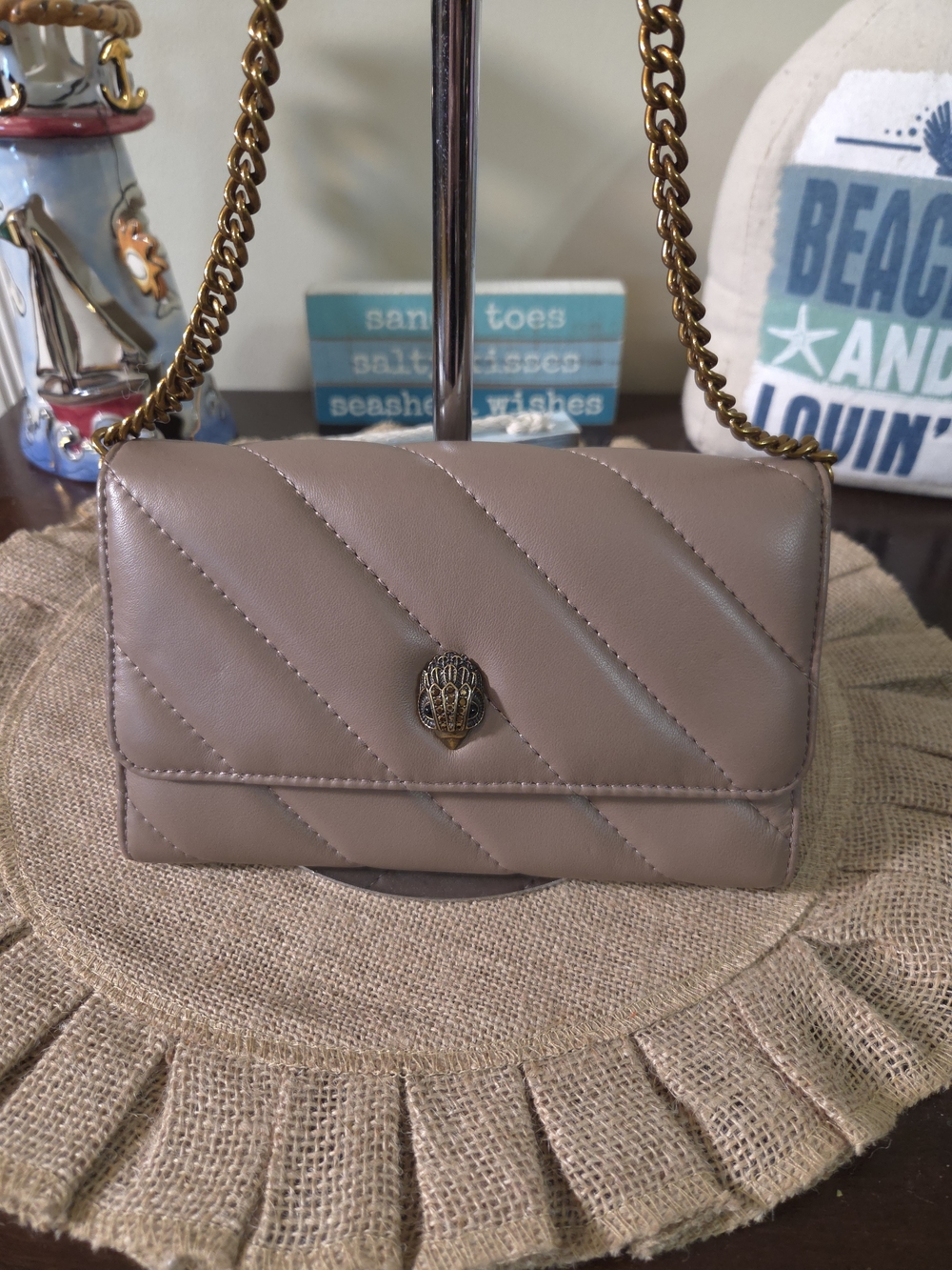 EUC Kurt Geiger Quilted Taupe Crossbody Bag with Gold Chain